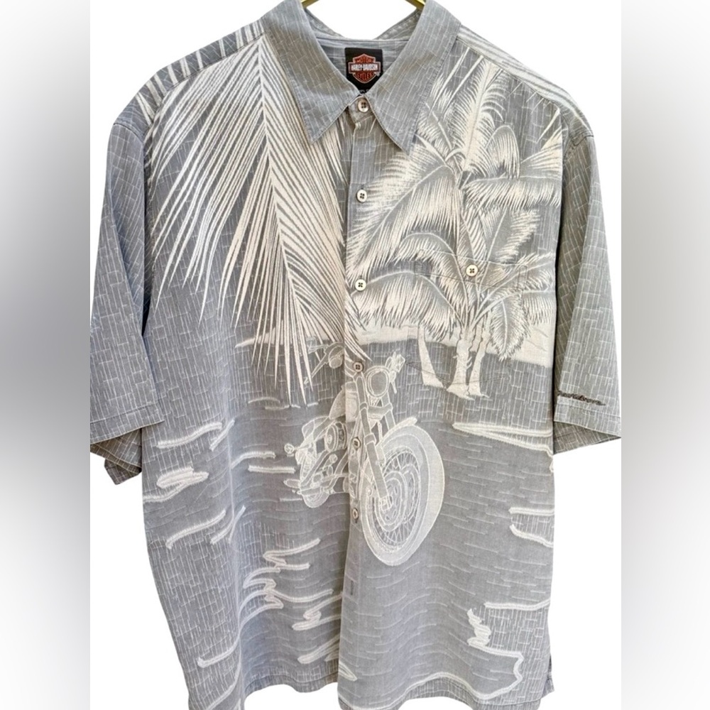 Harley Davidson Silk Shirt Mens 2XL Gray Motorcycle Palm Print